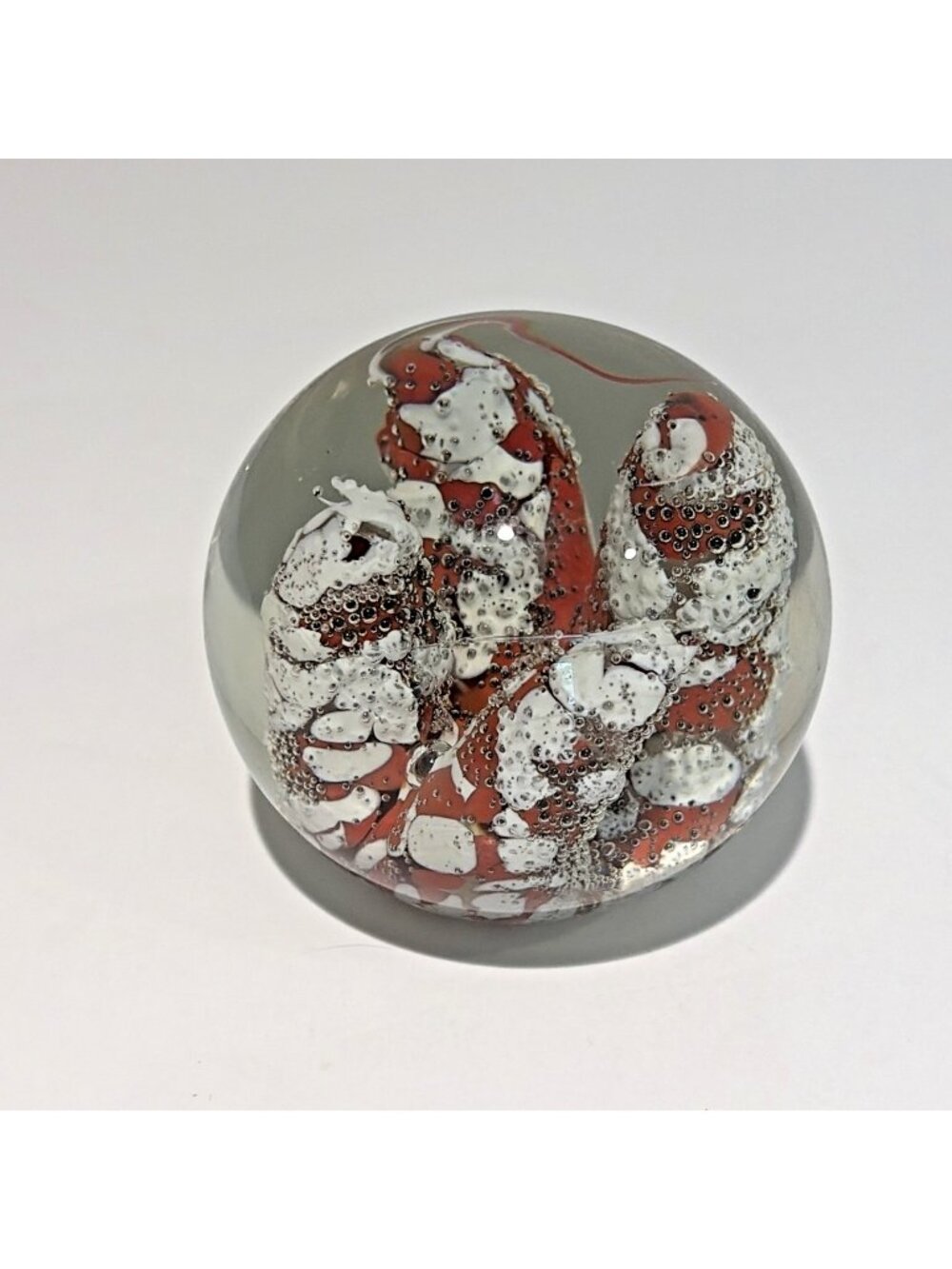 Vintage Art Glass Hand Blown Paperweight Red & White Coral Reef Bubbles Sphere